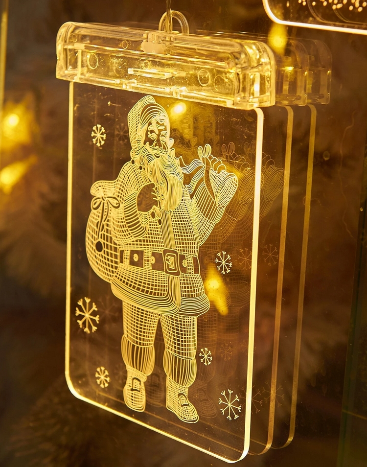 Witraż led 3d wiszący ozdoba lampki świąteczne mikołaj na baterie - obrazek 3