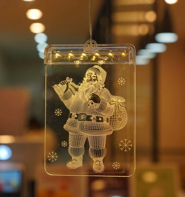 Witraż led 3d wiszący ozdoba lampki świąteczne mikołaj na baterie - obrazek 4
