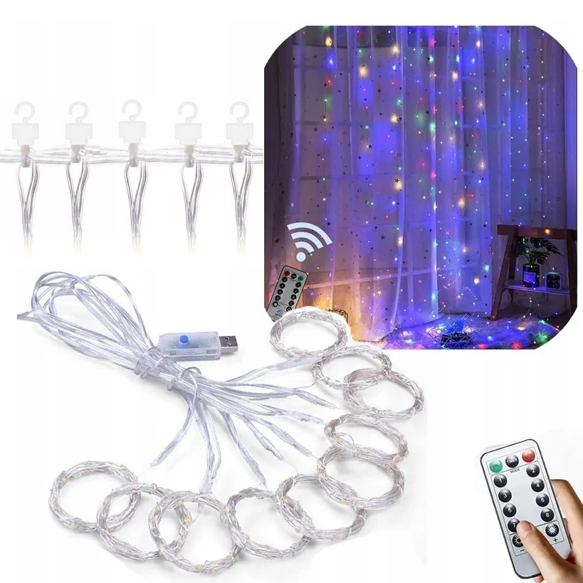 Kurtyna świetlna led drucik usb lampki pilot usb multikolor 2x2m + haczyki