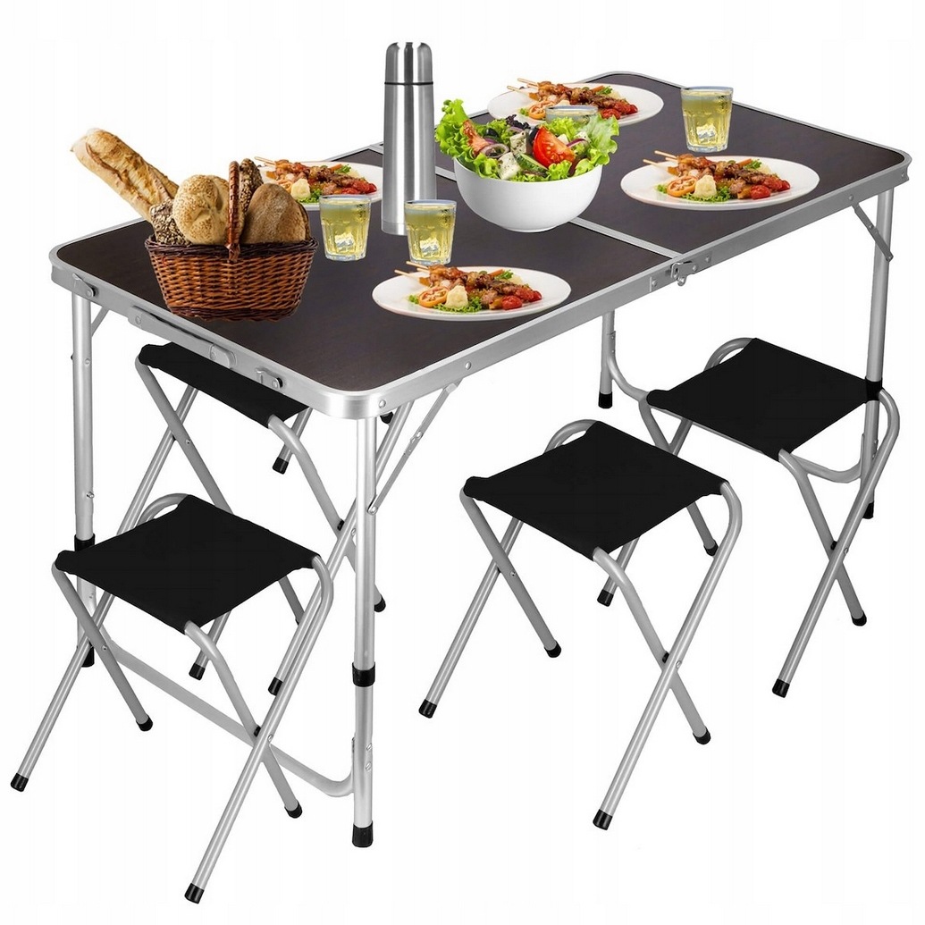 Stolik stół turystyczny składany kempingowy z krzesłami czarny 4 krzesła zestaw