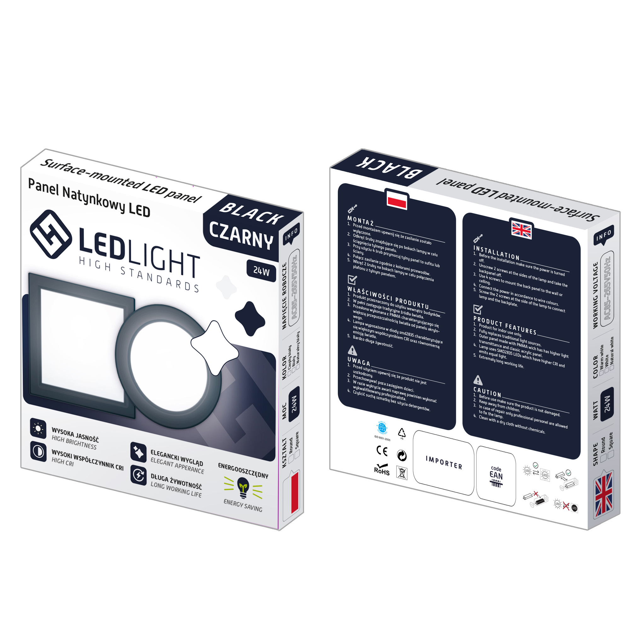 LEDLIGHT Plafon led panel natynkowy niemrugający czarny ccd biały ciepły 18w - obrazek 5