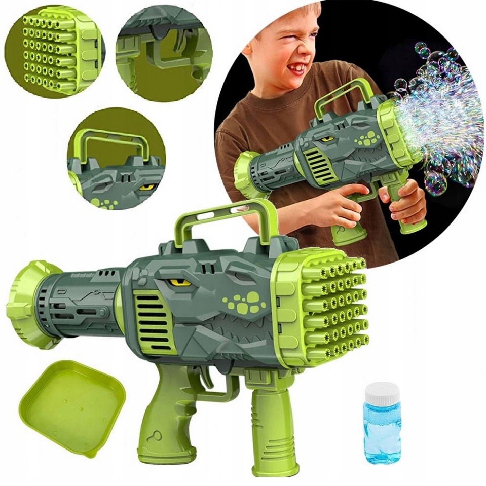 Zabawka pistolet na bańki dla dzieci dinozaur maszyna bazooka do baniek mydlanych