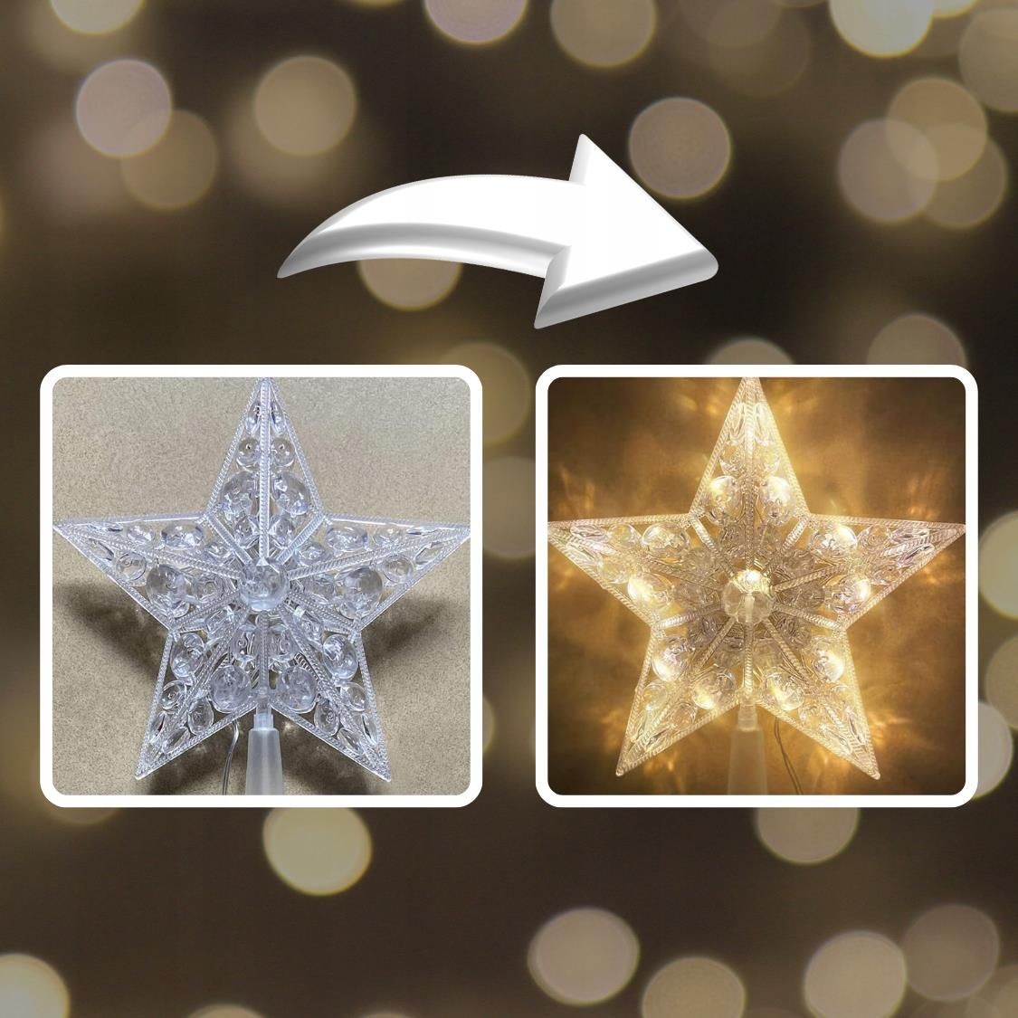 Świecąca gwiazda na choinkę led czubek dekoracja ozdoba świąteczna biały ciepły 15cm - obrazek 3