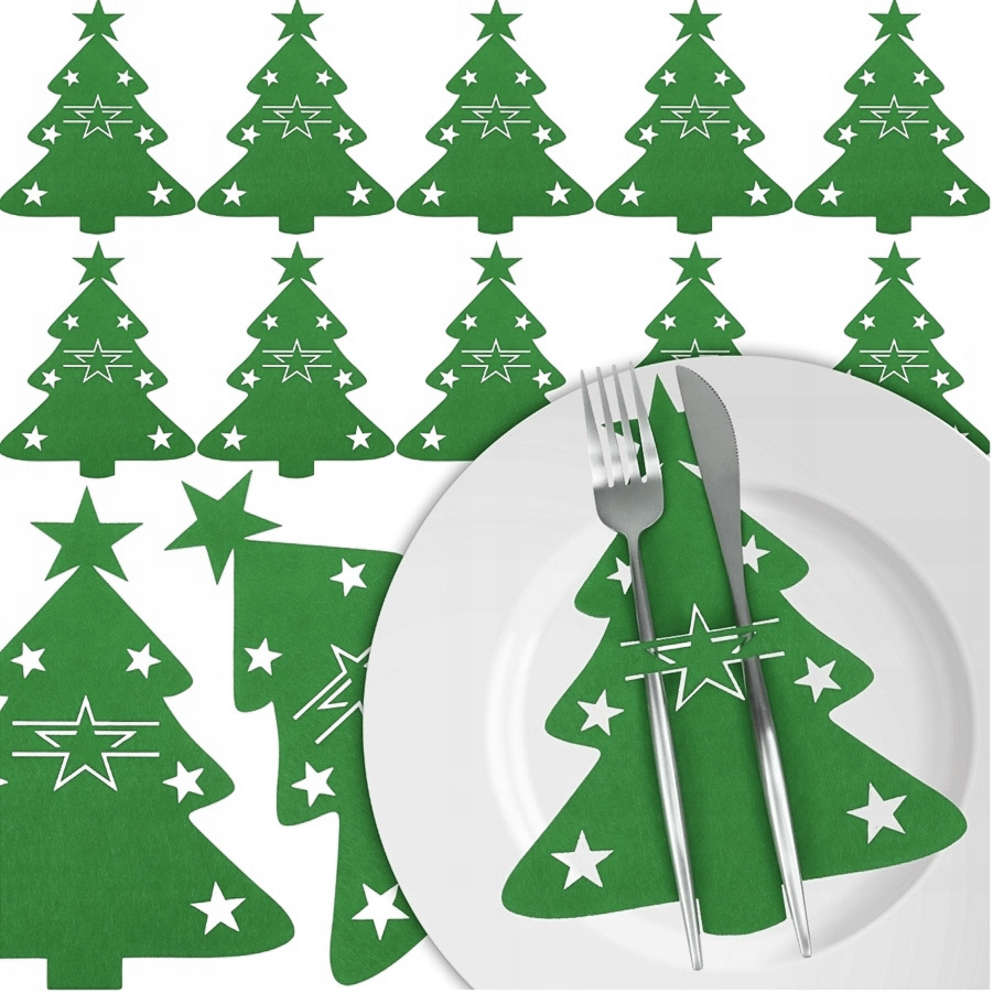 Etui na sztućce pokrowiec podkładka dekoracja na stół zielona choinka ozdoba świąteczna 12szt