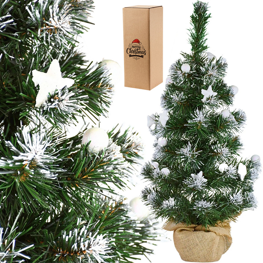 Choinka sztuczna ośnieżona gęsta z dekoracjami bombki gwiazdki jak żywa ozdoba świąteczna zestaw 60cm