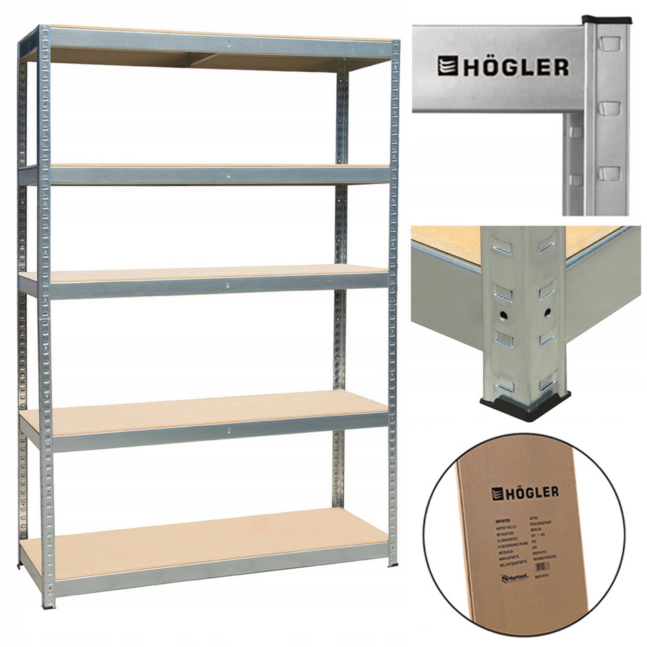 HÖGLER Regał metalowy magazynowy garażowy srebrny 5 półek 1000kg 180x120x45