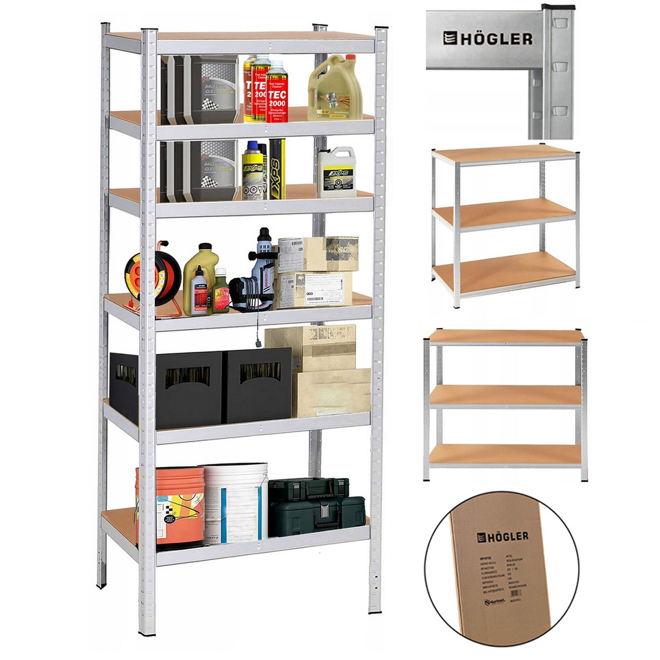 HÖGLER Regał metalowy magazynowy garażowy srebrny 5 półek 1000kg 180x100x60