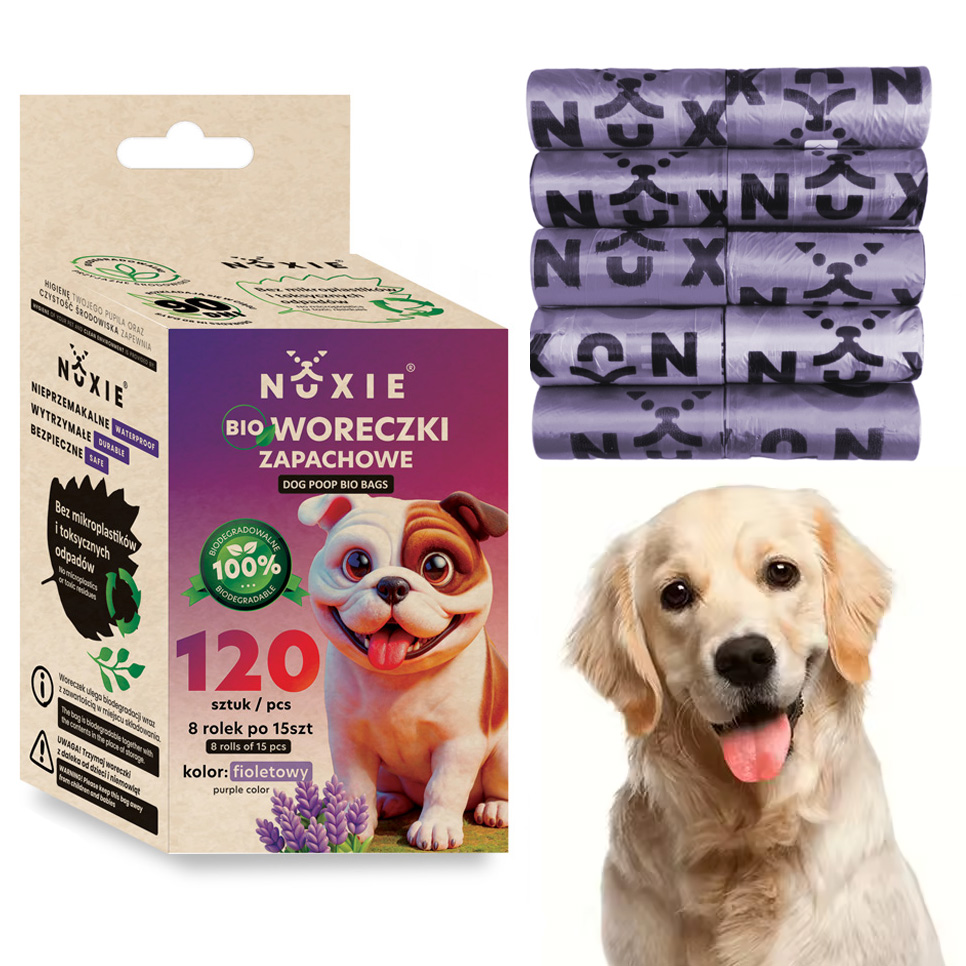 NUXIE® Woreczki na psie odchody biodegradowalne bio pudełko lawenda fioletowe zestaw 8 rolek 120szt