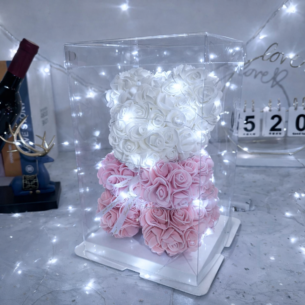 AMORE MIO Miś z róż kwiatów z sercem led serce ozdoba prezent walentynki rose teddy + box 25cm - obrazek 11