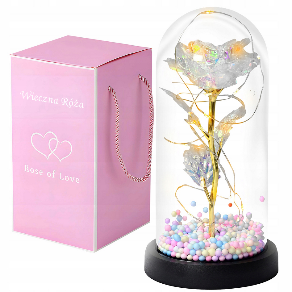 AMORE MIO Wieczna róża ozdoba świecąca led prezent szklana kopuła 22cm