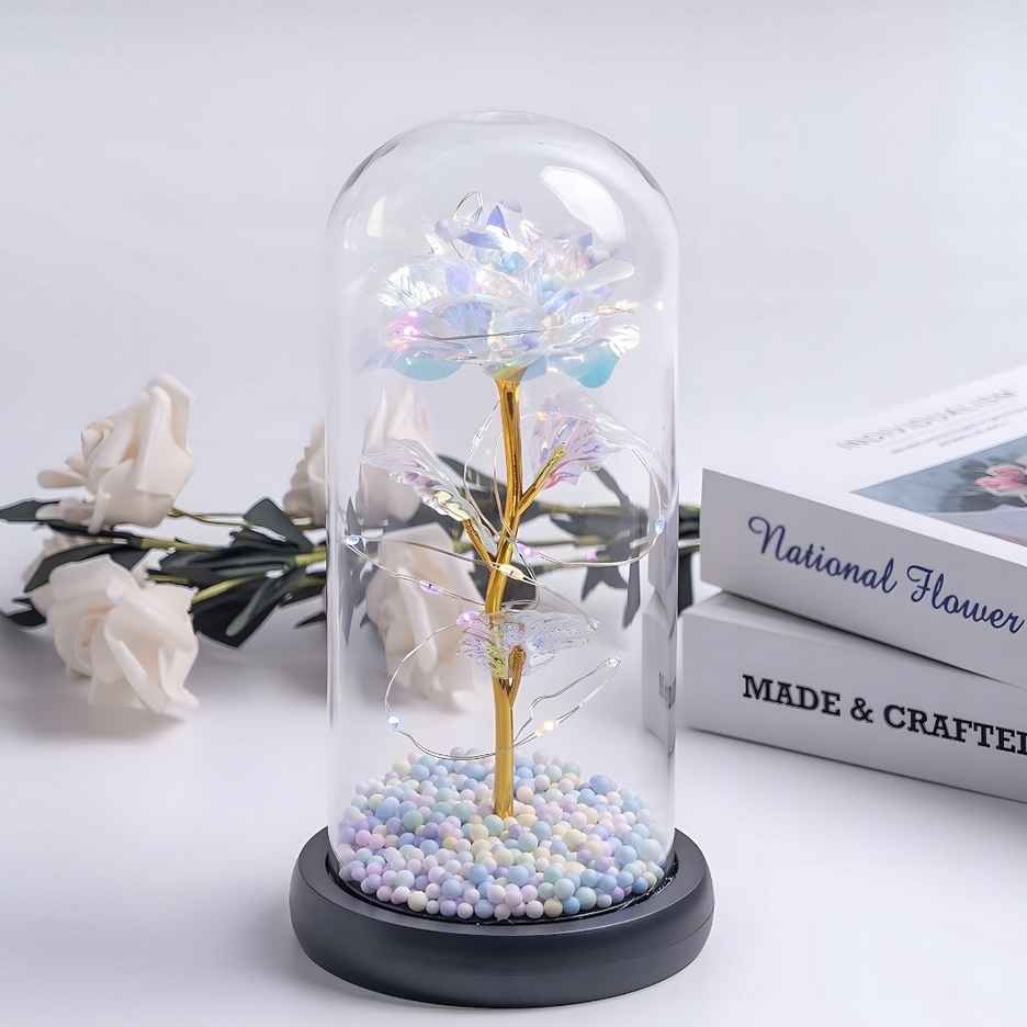 AMORE MIO Wieczna róża ozdoba świecąca led prezent szklana kopuła 22cm - obrazek 6