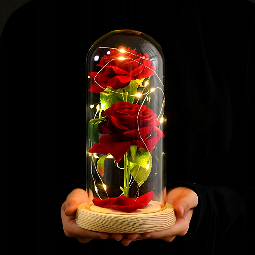 AMORE MIO Wieczna róża ozdoba świecąca led prezent szklana kopuła drewniana podstawa 2 róże 22cm - obrazek 3