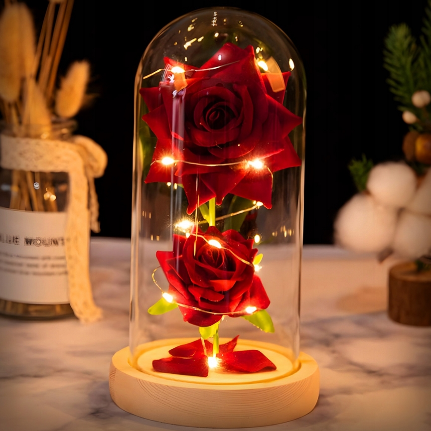 AMORE MIO Wieczna róża ozdoba świecąca led prezent szklana kopuła drewniana podstawa 2 róże 22cm - obrazek 4