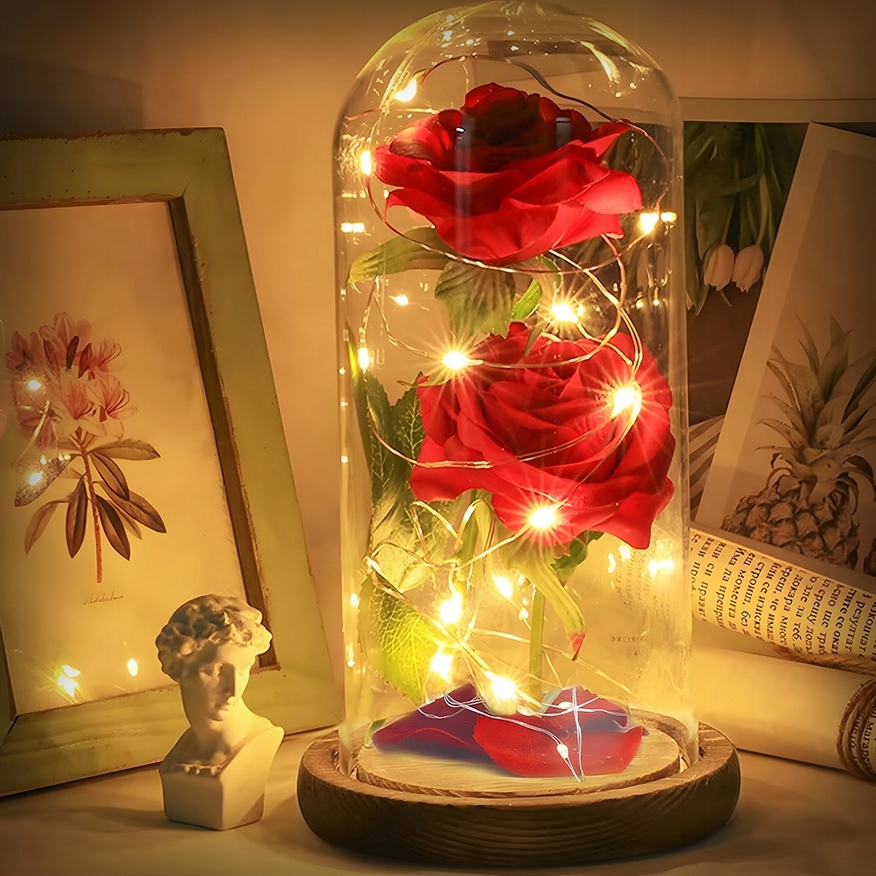 AMORE MIO Wieczna róża ozdoba świecąca led prezent szklana kopuła drewniana podstawa 2 róże 22cm - obrazek 5