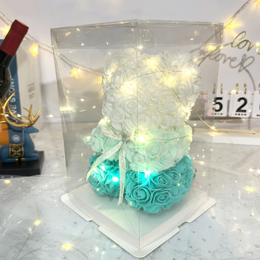 AMORE MIO Miś z róż kwiatów czarny niebieski mix led rose teddy ozdoba + box 25cm - obrazek 4