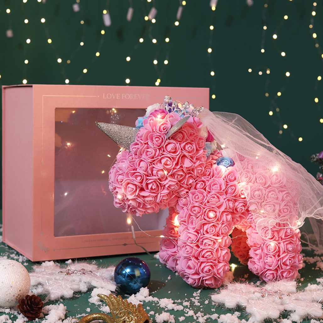 AMORE MIO Świecący jednorożec z róż welon led usb ozdoba prezent + box 40cm - obrazek 4