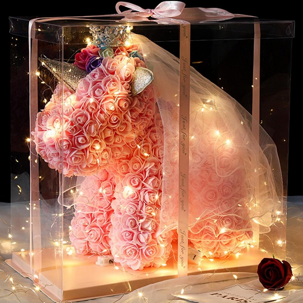 AMORE MIO Świecący jednorożec z róż welon led usb ozdoba prezent + box 40cm - obrazek 2