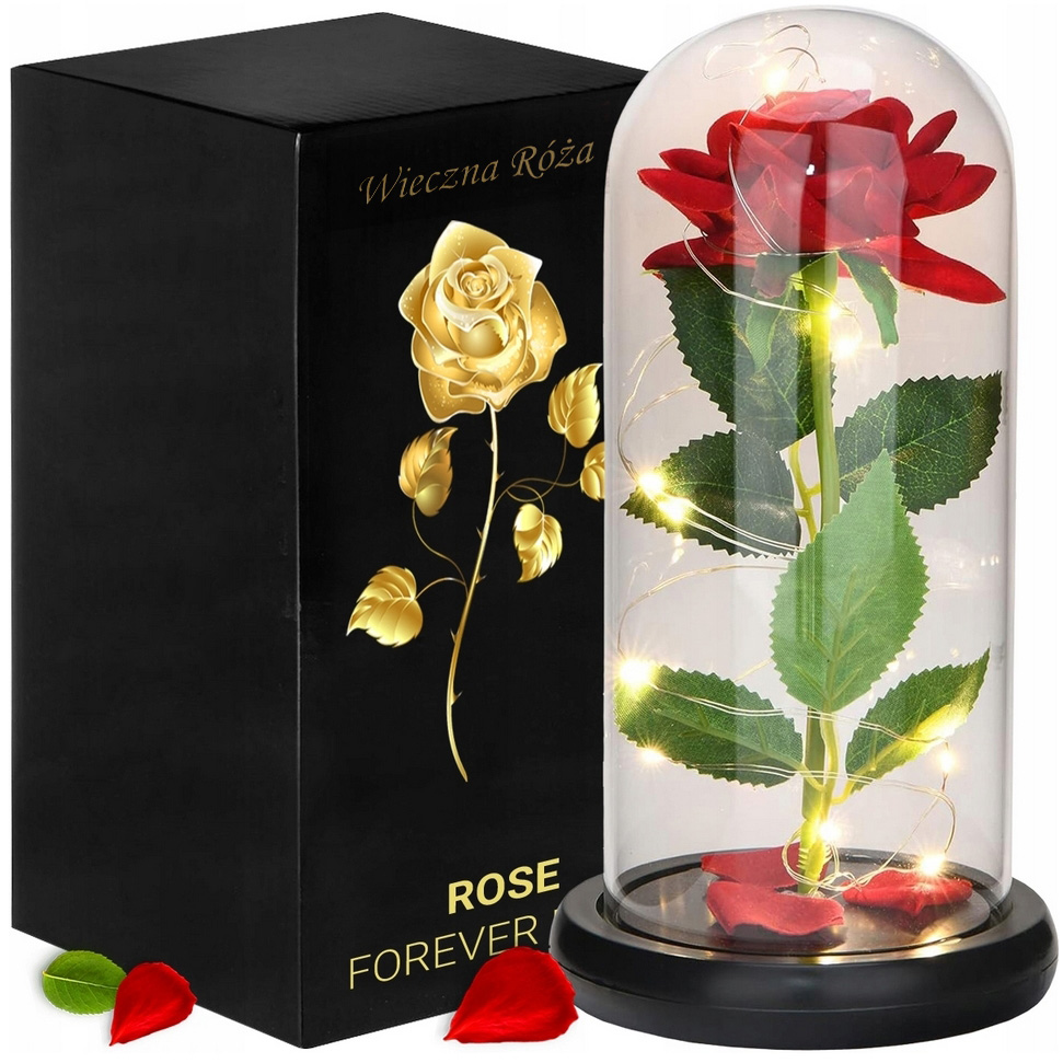 AMORE MIO Wieczna róża ozdoba świecąca led prezent kopuła 22cm