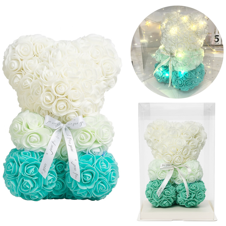 AMORE MIO Miś z róż kwiatów czarny niebieski mix led rose teddy ozdoba + box 25cm