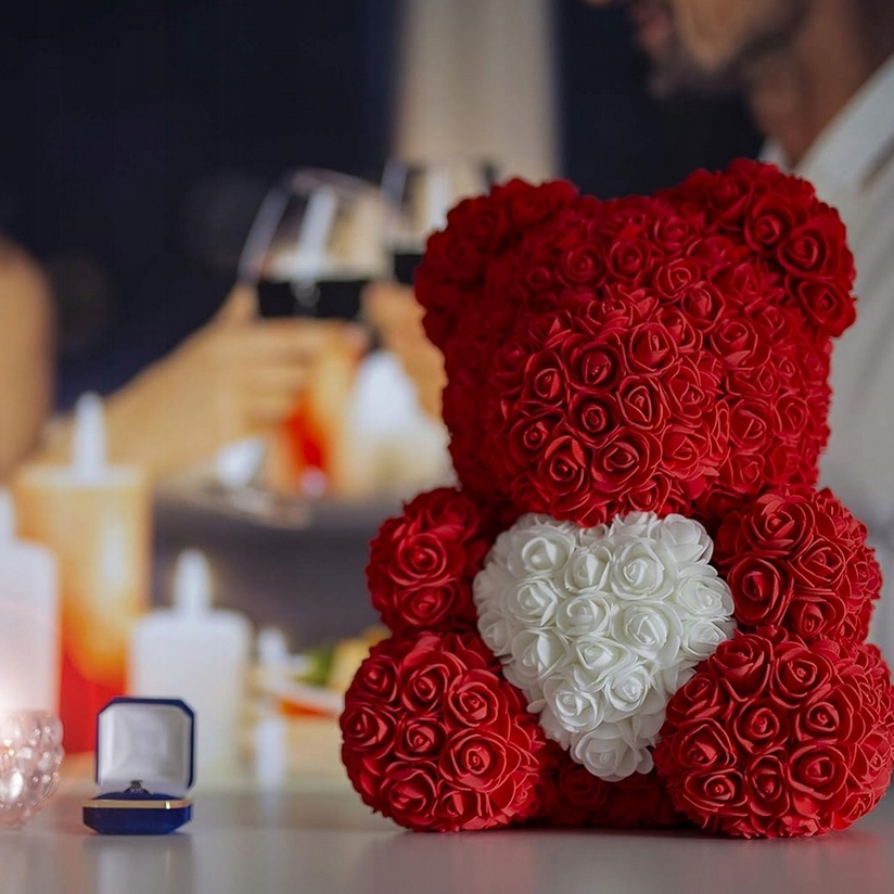 AMORE MIO Miś z róż kwiatów z sercem led serce ozdoba prezent walentynki rose teddy + box 25cm - obrazek 5