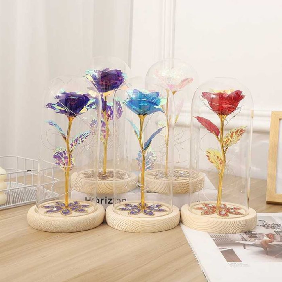 AMORE MIO Wieczna róża ozdoba świecąca led prezent drewniana podstawa - obrazek 7