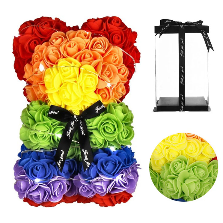 AMORE MIO Miś z róż kwiatów led tęczowy ozdoba prezent walentynki rose teddy + box 25cm
