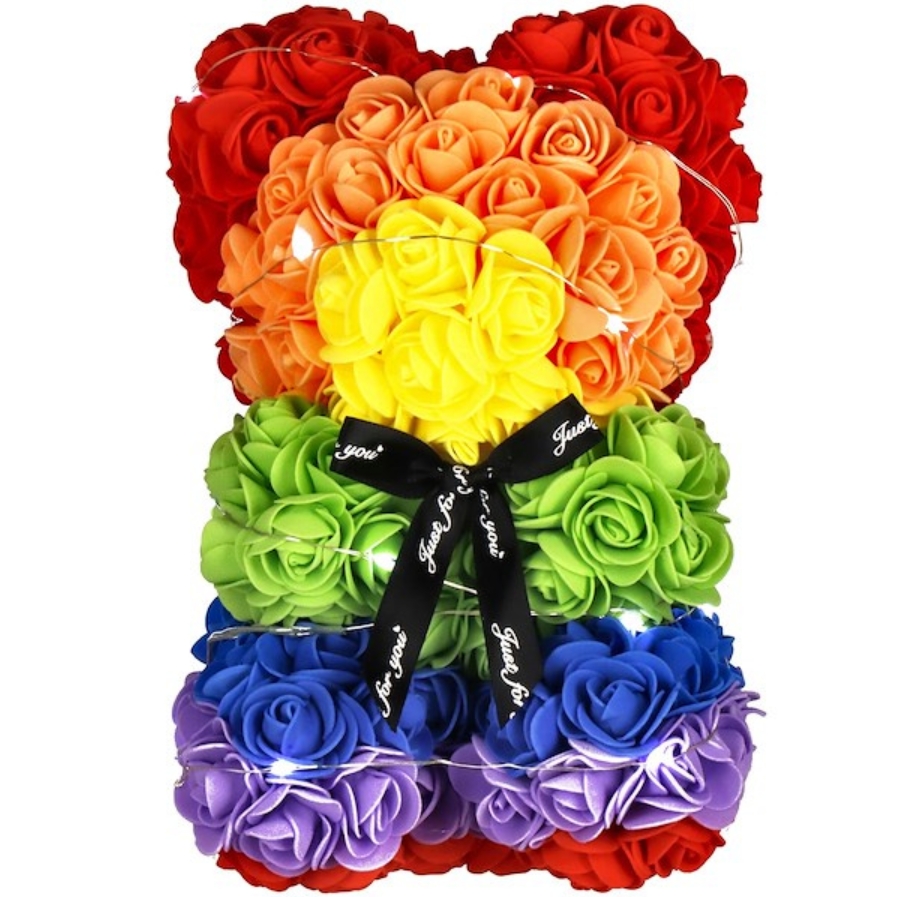 AMORE MIO Miś z róż kwiatów led tęczowy ozdoba prezent walentynki rose teddy + box 25cm - obrazek 2
