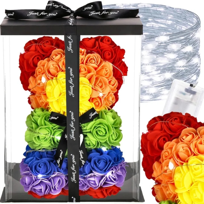 AMORE MIO Miś z róż kwiatów led tęczowy ozdoba prezent walentynki rose teddy + box 25cm - obrazek 3