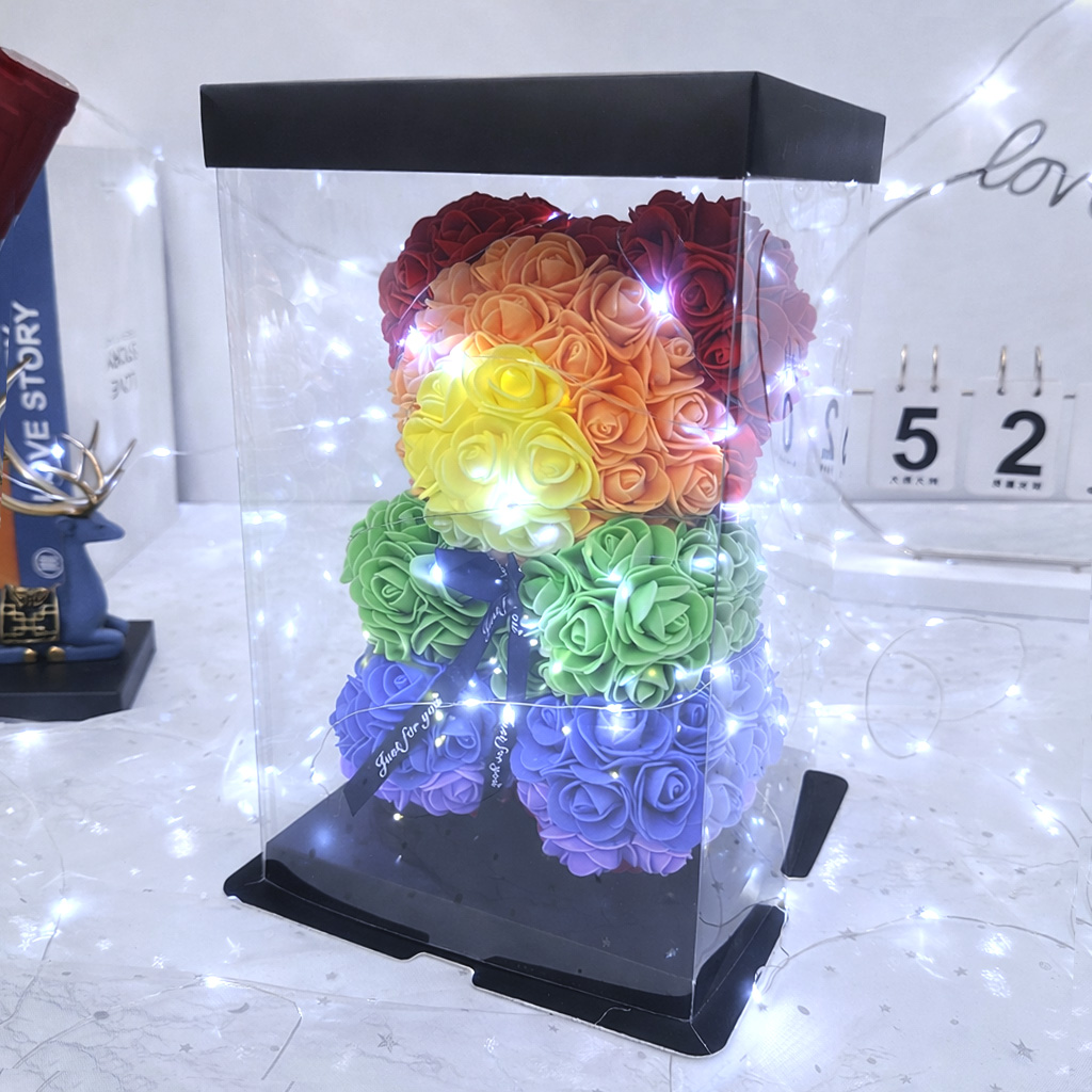 AMORE MIO Miś z róż kwiatów led tęczowy ozdoba prezent walentynki rose teddy + box 25cm - obrazek 8