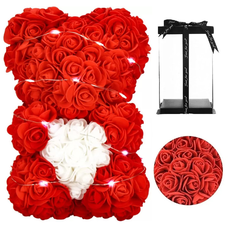 AMORE MIO Miś z róż kwiatów z sercem led serce ozdoba prezent walentynki rose teddy + box 25cm