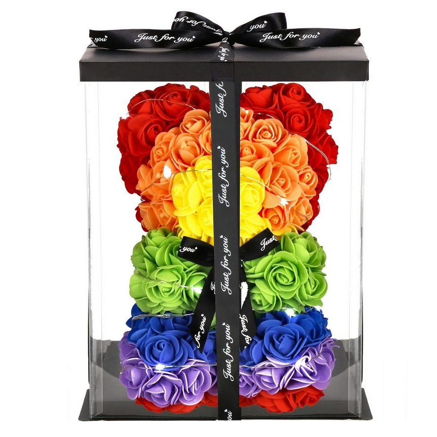 AMORE MIO Miś z róż kwiatów led tęczowy ozdoba prezent walentynki rose teddy + box 25cm - obrazek 7