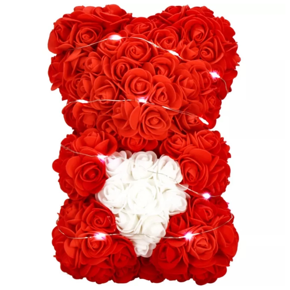 AMORE MIO Miś z róż kwiatów z sercem led serce ozdoba prezent walentynki rose teddy + box 25cm - obrazek 6
