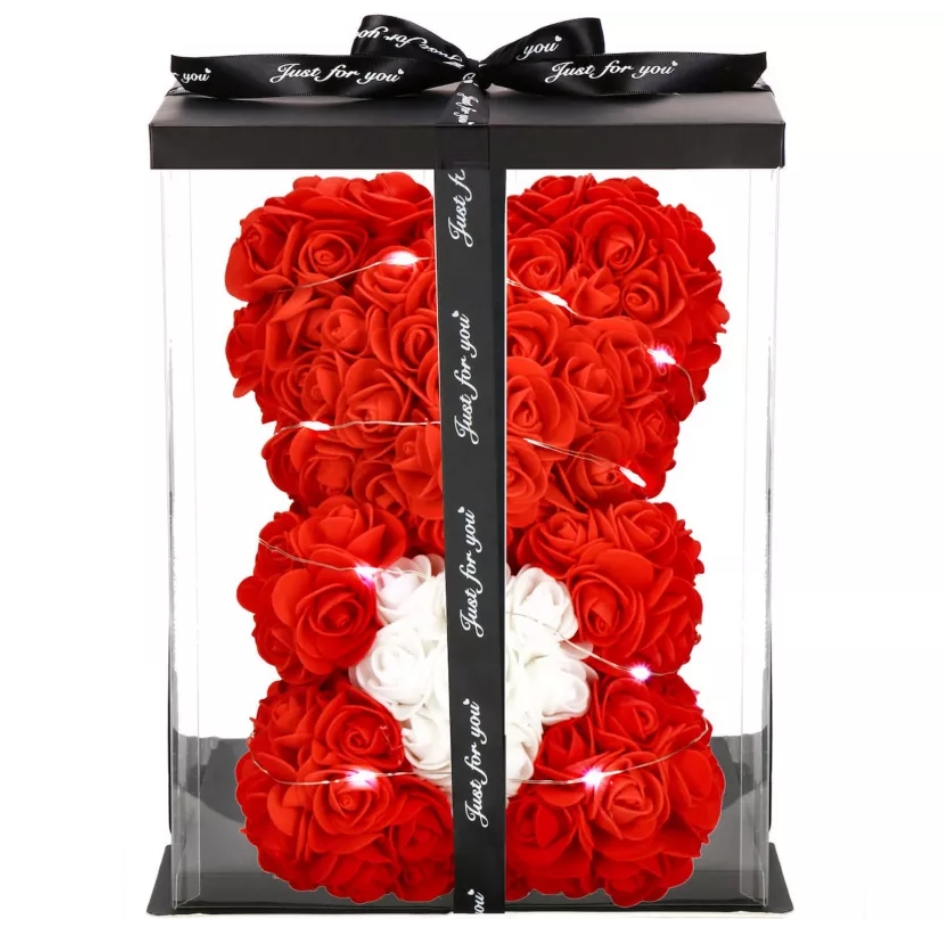 AMORE MIO Miś z róż kwiatów z sercem led serce ozdoba prezent walentynki rose teddy + box 25cm - obrazek 7