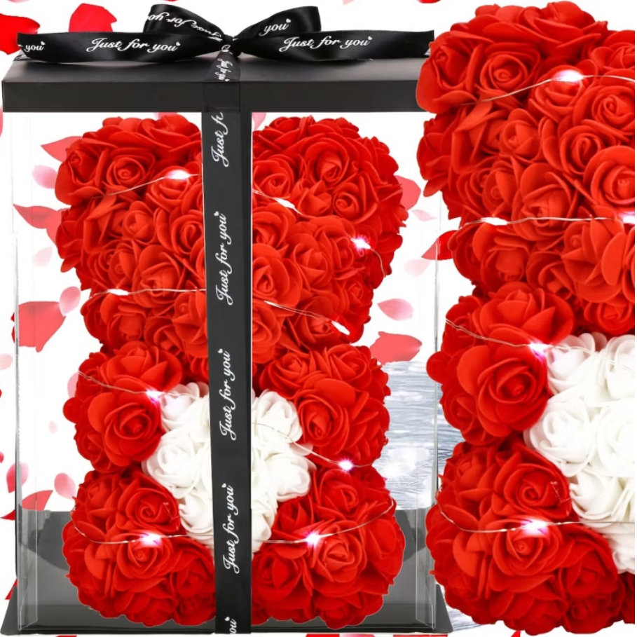 AMORE MIO Miś z róż kwiatów z sercem led serce ozdoba prezent walentynki rose teddy + box 25cm - obrazek 8