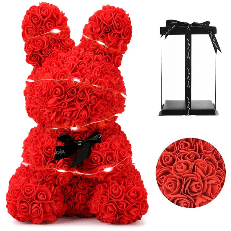 AMORE MIO Królik z róż kwiatów led ozdoba prezent walentynki rose bunny + box 25cm