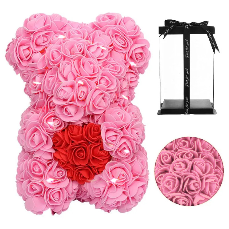 AMORE MIO Miś z róż kwiatów z sercem led serce ozdoba prezent walentynki rose teddy + box 25cm