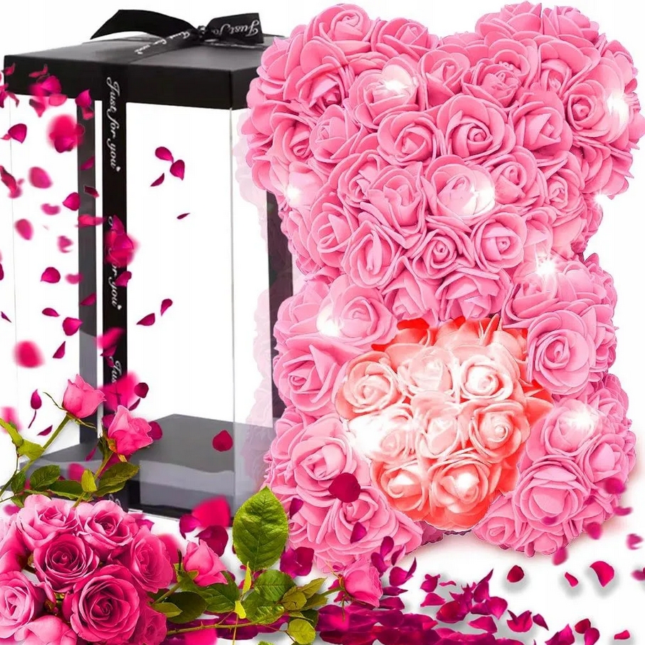 AMORE MIO Miś z róż kwiatów z sercem led serce ozdoba prezent walentynki rose teddy + box 25cm - obrazek 5