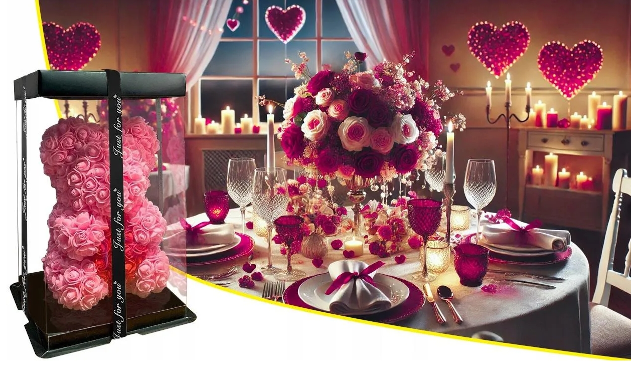 AMORE MIO Miś z róż kwiatów z sercem led serce ozdoba prezent walentynki rose teddy + box 25cm - obrazek 7