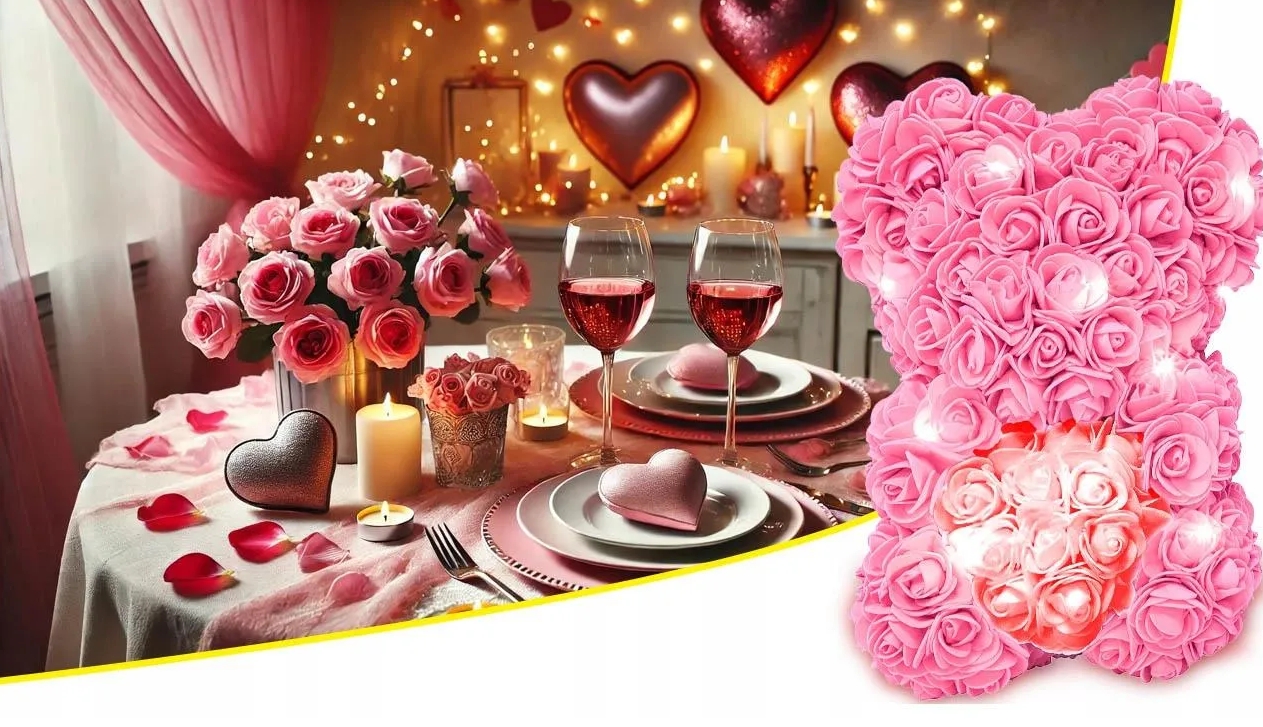 AMORE MIO Miś z róż kwiatów z sercem led serce ozdoba prezent walentynki rose teddy + box 25cm - obrazek 8