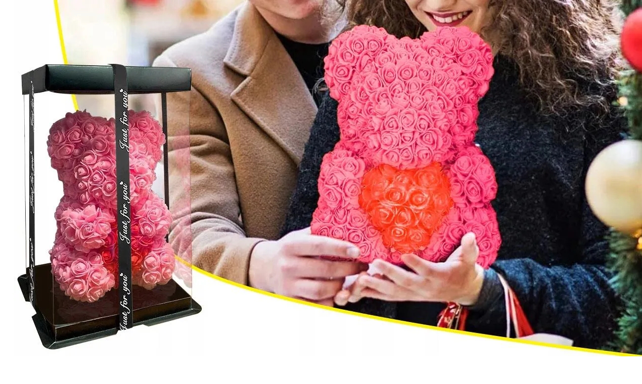 AMORE MIO Miś z róż kwiatów z sercem led serce ozdoba prezent walentynki rose teddy + box 25cm - obrazek 9