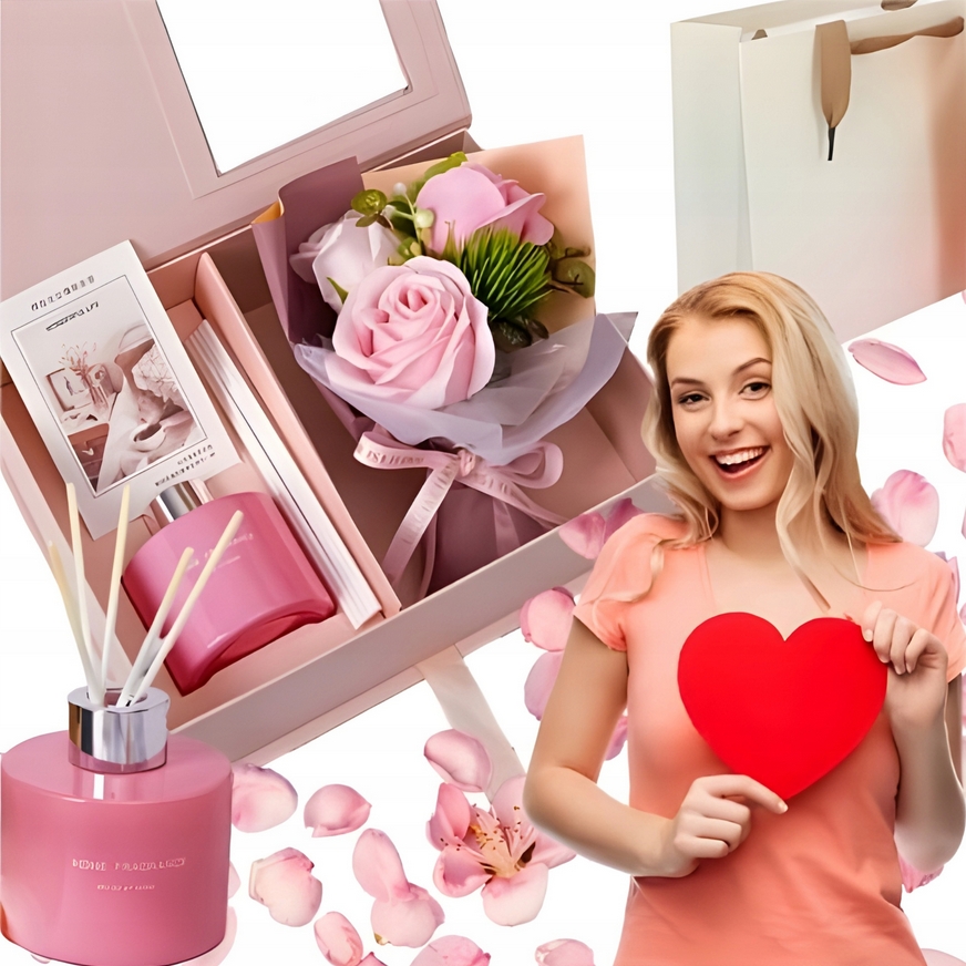 AMORE MIO Róże mydlane bukiet dyfuzor zapachowy zestaw prezentowy ozdoba prezent na walentynki flowerbox