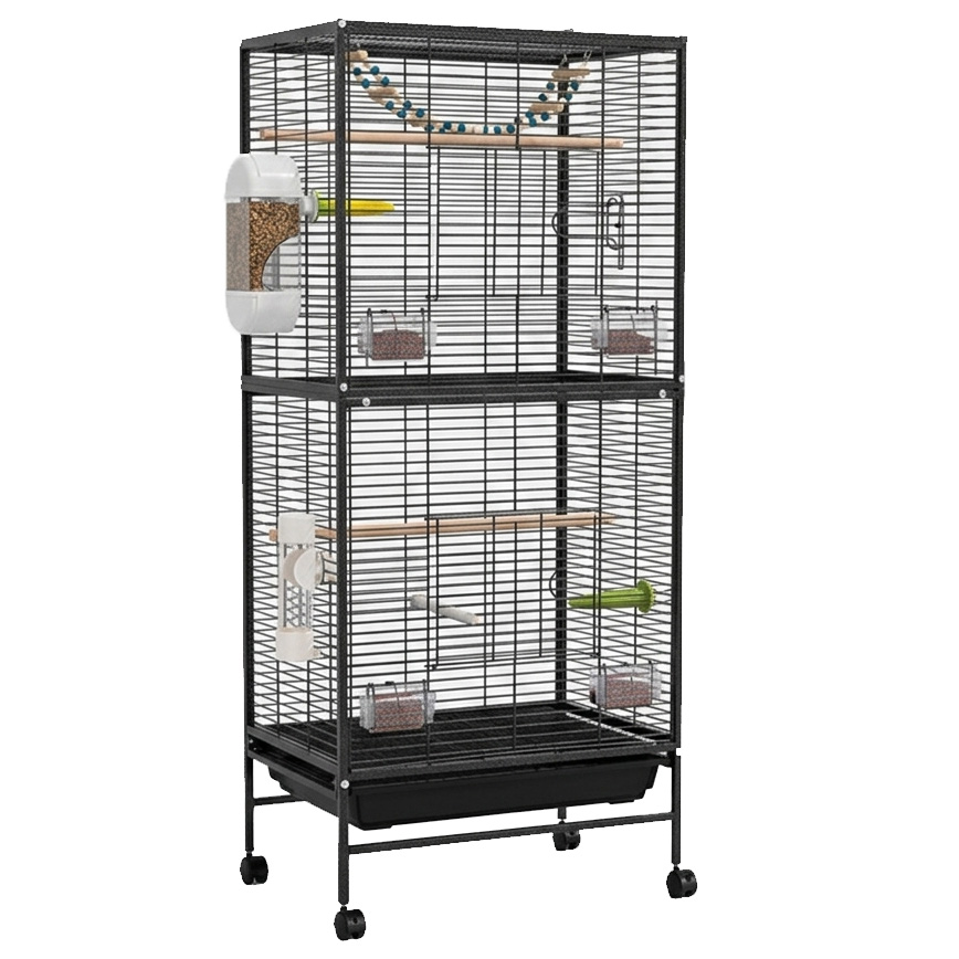 NUXIE® Klatka dla ptaków papug na ptaki woliera metalowa czarna akcesoria kółka zestaw 128cm