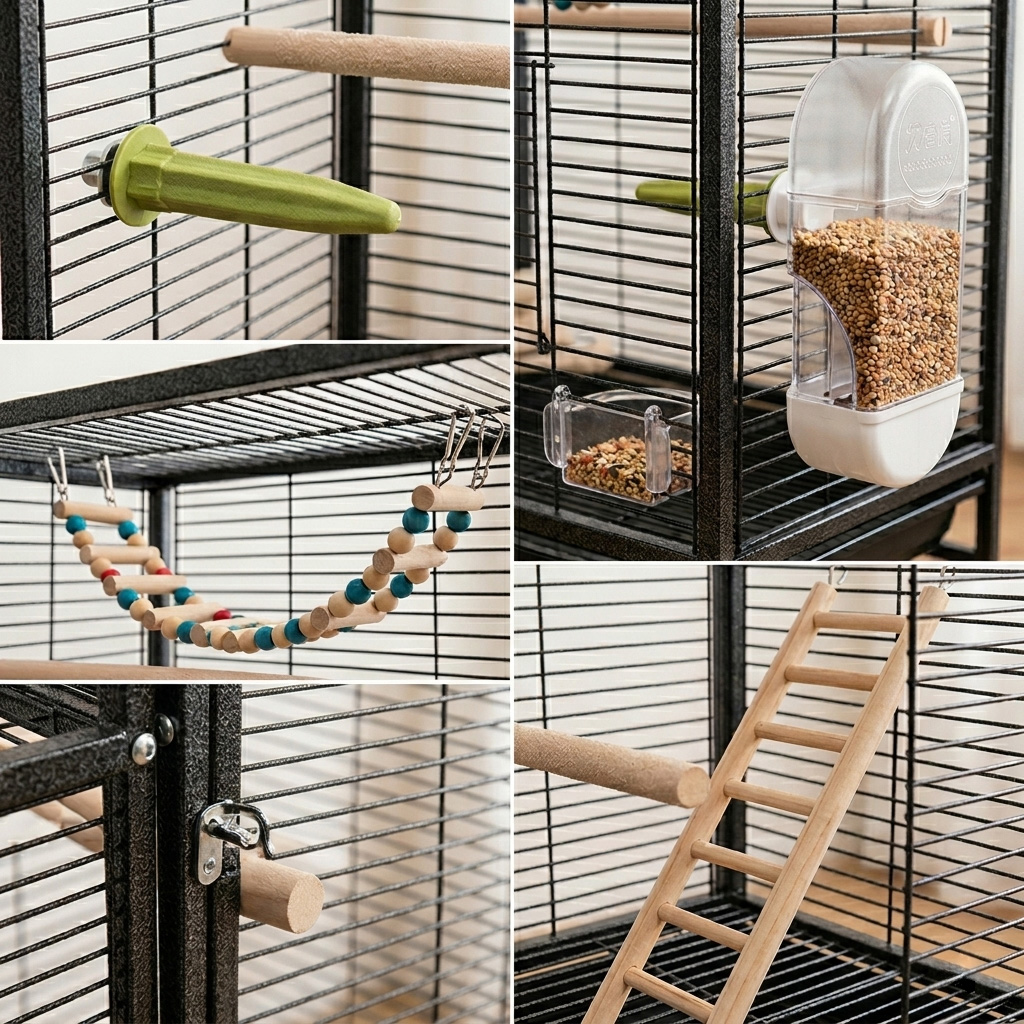 NUXIE® Klatka dla ptaków papug na ptaki woliera metalowa czarna akcesoria kółka zestaw 128cm - obrazek 2