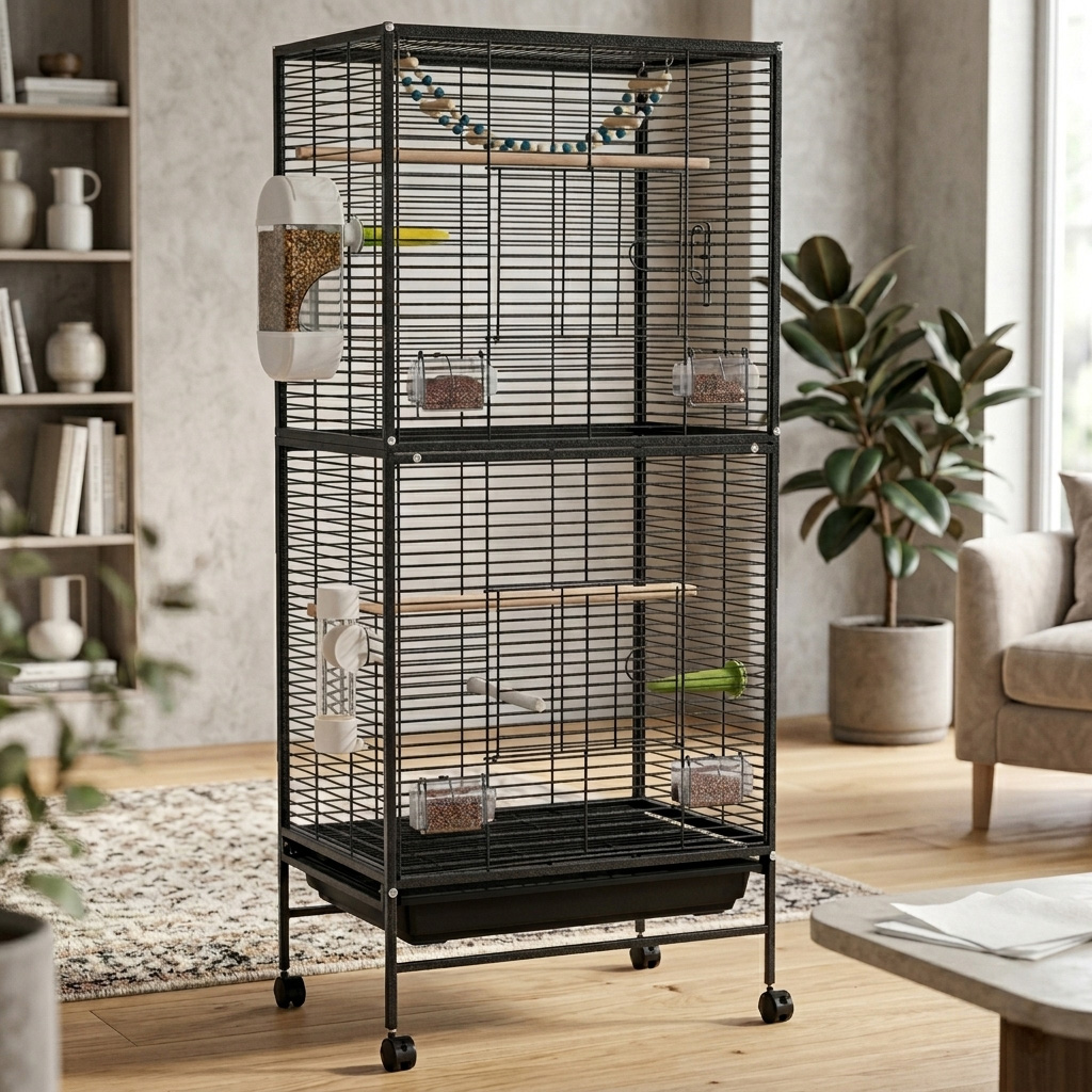 NUXIE® Klatka dla ptaków papug na ptaki woliera metalowa czarna akcesoria kółka zestaw 128cm - obrazek 3