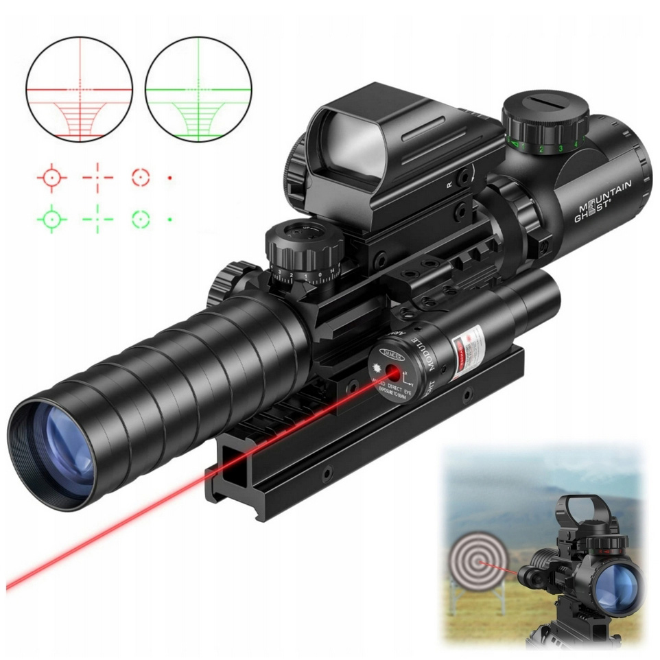 MOUNTAIN GHOST® Luneta celownicza 3-9x32 celownik kolimator red dot czerwony zielony laser laserowy 3w1