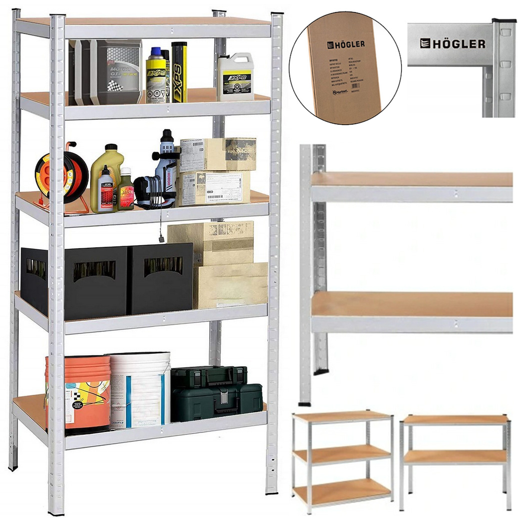 HÖGLER Regał metalowy magazynowy garażowy srebrny 5 półek 1000kg 205x120x40