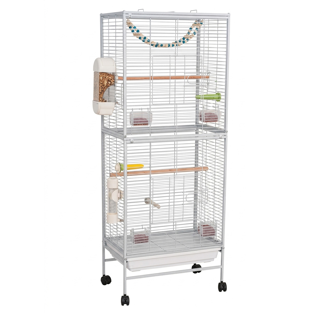NUXIE® Klatka dla ptaków papug na ptaki woliera metalowa biała akcesoria kółka zestaw 128cm