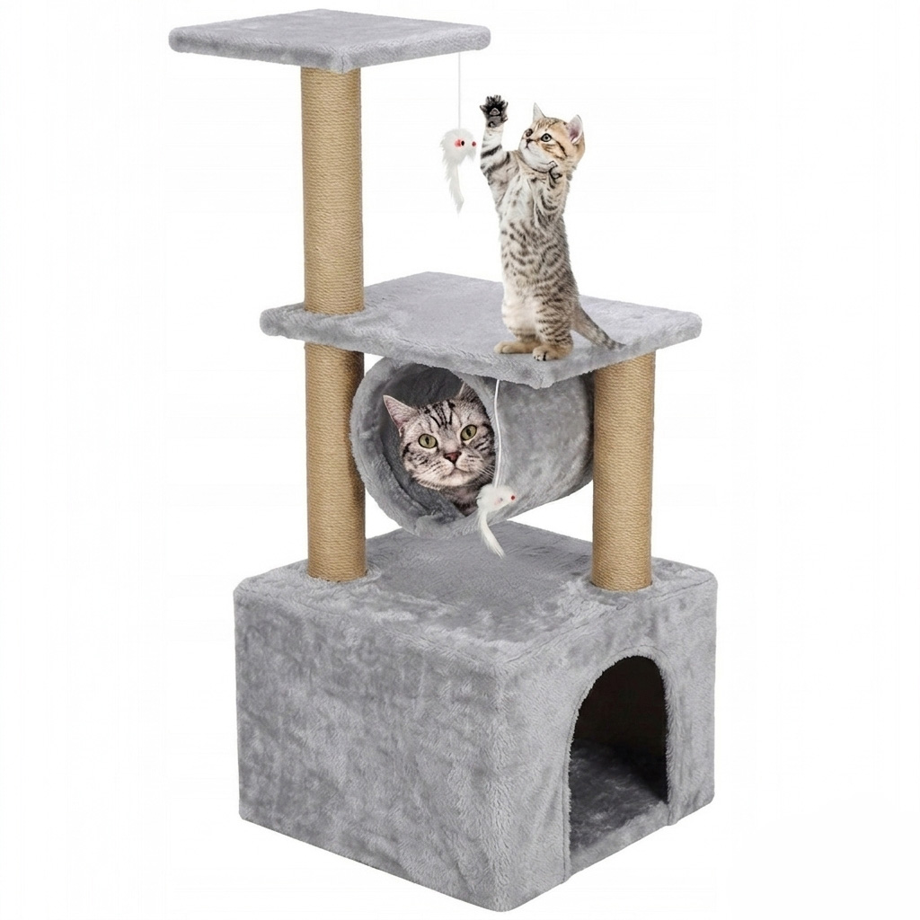 NUXIE PREMIUM® Drapak duży dla kota wieża drzewko legowisko domek z zabawkami 4 poziomy 90cm xl
