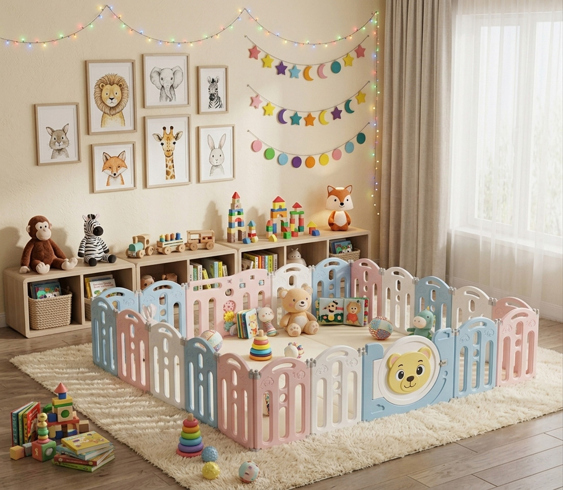 PLAYJOY Kojec modułowy dla dzieci zagroda dla dziecka suchy basen składany wielokolorowy zestaw 20+2 227cm - obrazek 4