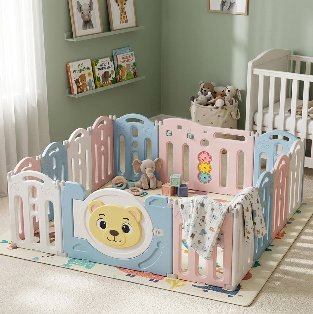 PLAYJOY Kojec modułowy dla dzieci zagroda dla dziecka suchy basen składany wielokolorowy zestaw 12+2 153cm - obrazek 3
